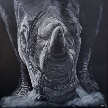 Painting titled "RhinOffense" by Tomsi, Original Artwork, Oil Mounted on Wood Stretcher frame