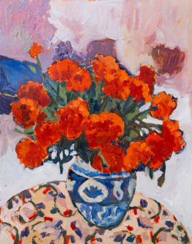 Marigolds on a Patterned Table Peinture intitulée "Marigolds on a Patt…" par Anastasiia Gladkova, Œuvre d'art originale, Huile