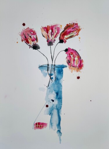 Painting titled "Blumen in Vase" by Dennis Hengel, Original Artwork, Watercolor