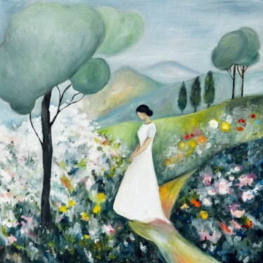 绘画 标题为“Woman in the Garden” 由Irina Anis, 原创艺术品, 油 安装在木质担架架上