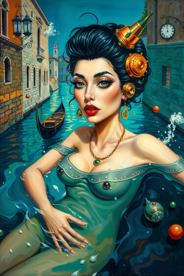 Digitale Kunst getiteld "Canale Grande Swimm…" door Jo Graetz (Jo Graetz), Origineel Kunstwerk, AI gegenereerde afbeelding