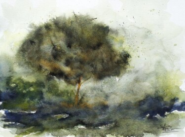 Painting titled "arbre isolé 2" by Sylvie Pinon, Original Artwork, Watercolor