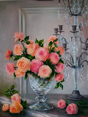 Painting titled "Bouquet of roses" by Iryna Lubera, Original Artwork, Oil Mounted on Wood Stretcher frame