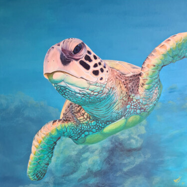 Painting titled "Tortuga Marina" by Tomsi, Original Artwork, Acrylic Mounted on Wood Stretcher frame