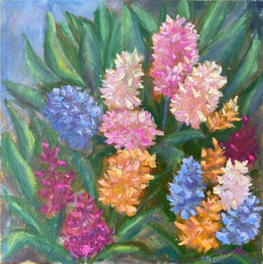 Schilderij getiteld "hyacinths" door Natala Azarna, Origineel Kunstwerk, Olie Gemonteerd op Houten paneel