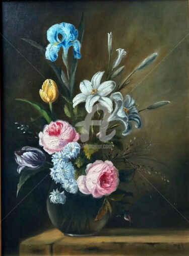 Painting titled "BOUQUET" by Odile Masselon, Original Artwork, Oil Mounted on Wood Stretcher frame