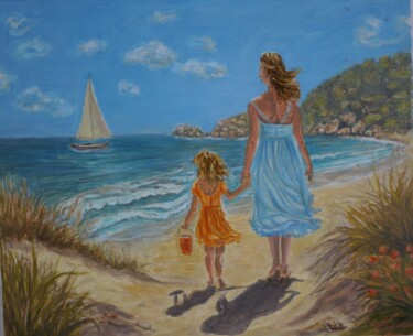 A la plage, une mère et sa fille à la rencontre de l'océan Pittura intitolato "A la plage, une mèr…" da Pascal Bourgouin, Opera d'arte originale, Olio Montato su Telaio per barella in…
