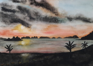Peinture intitulée "Quiet bay at dusk" par Isa-Isarielle, Œuvre d'art originale, Aquarelle