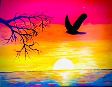 Oiseau noir Painting titled "Oiseau noir" by Véronique Constantin, Original Artwork, Acrylic Mounted on Wood Stretcher frame