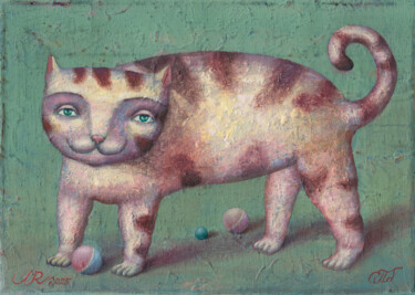 绘画 标题为“Cat playing with ba…” 由Dmitrii Ryzhikov, 原创艺术品, 丙烯 安装在artwork_cat.上