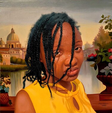 Painting titled "The Woman In Yellow" by Emmanuel Ezechukwu Akanwa, Original Artwork, Oil Mounted on Wood Stretcher frame