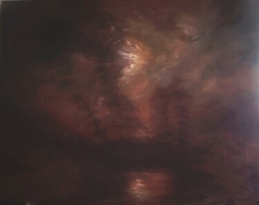 D'après Knud Baade, Summer Moonlight on the Forest Peinture intitulée "D'après Knud Baade,…" par Amazeigh Bouzékri, Œuvre d'art originale, Huile Monté sur Carton