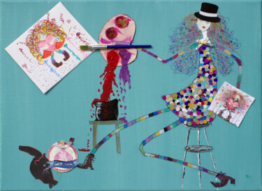 Peinture intitulée "Madame et son oeuvre" par Maguie Mesguich, Œuvre d'art originale, Acrylique Monté sur Châssis en bois