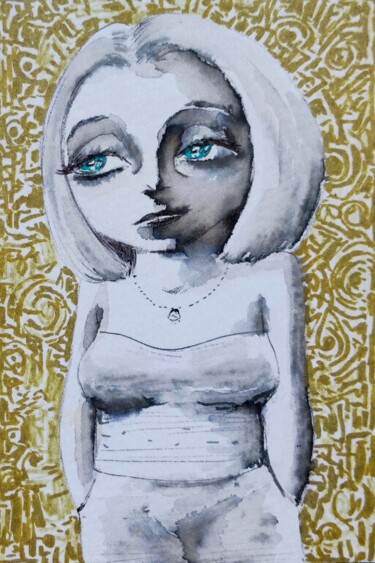 Schilderij getiteld "The look" door Milto Sideris, Origineel Kunstwerk, Aquarel