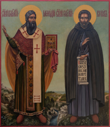 Icon of the holy equal-to-the-apostles Methodius and Cyril, Картина под названием "Icon of the holy eq…" - Pavel Korzukhin, Подлинное произведение искусства, Масло Установлен на artwor…