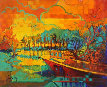 Peinture intitulée "Barque sur la Mayen…" par Joseph Landry, Œuvre d'art originale, Huile Monté sur Châssis en bois