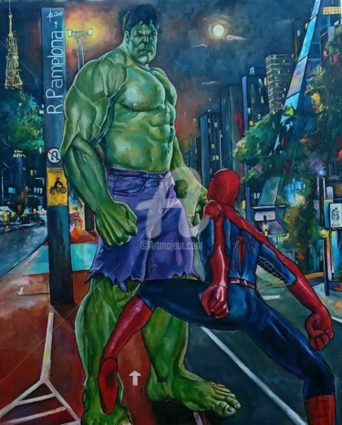 Hulk e Homem-Aranha na Avenida Paulista ( São Paulo). Картина под названием "Hulk e Homem-Aranha…" - José Claudinei Da Cruz, Подлинное произведение искусства, Акрил Установлен на…