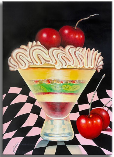 Painting titled "Cherries Delight -…" by Gardani, Original Artwork, Oil Mounted on Wood Stretcher frame
