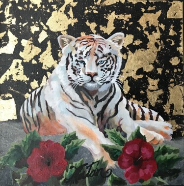 Painting titled "Tigre blanc et or" by Nathalitay, Original Artwork, Acrylic Mounted on Wood Stretcher frame