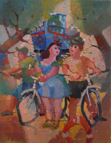 Peinture intitulée "Le bac de la Mayenne" par Joseph Landry, Œuvre d'art originale, Huile Monté sur Châssis en bois