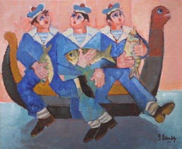 Painting titled "Trois marins en gon…" by Joseph Landry, Original Artwork, Oil Mounted on Wood Stretcher frame