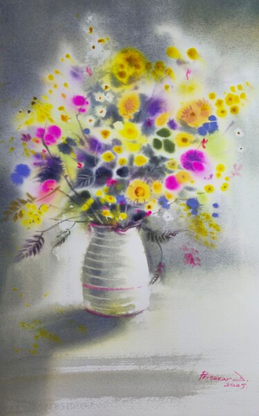 A bouquet of bright flowers. Watercolor painting. Pittura intitolato "A bouquet of bright…" da Alla Prisakar, Opera d'arte originale, Acquarello