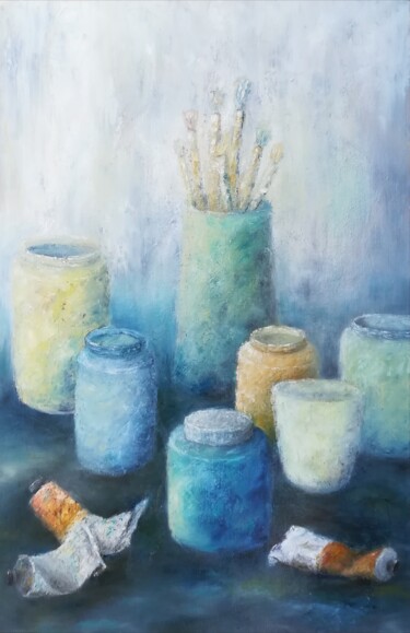 Painting titled "ATELIER BLEU B3/2020" by Jeannine Bernardon, Original Artwork, Oil Mounted on Wood Stretcher frame