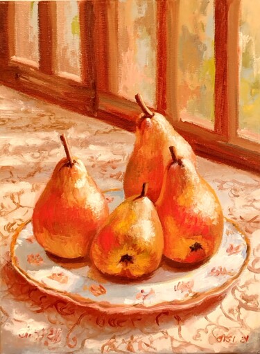 绘画 标题为“Pears on the table” 由Larisa Sidorova (Alsi), 原创艺术品, 油 安装在木质担架架上