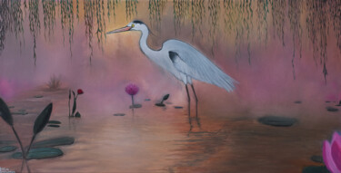 Malerei mit dem Titel "Heron in the fog" von Krystsina Shpakouskaya (Kristina Spakowskaja), Original-Kunstwerk, Öl
