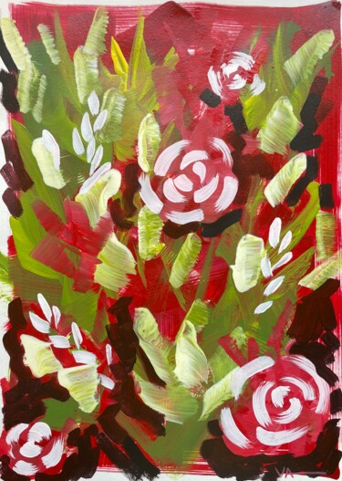 Red roses and white gladioli. Flower field 30x42 cm Malarstwo zatytułowany „Red roses and white…” autorstwa Anna Veber, Oryginalna praca, Akryl