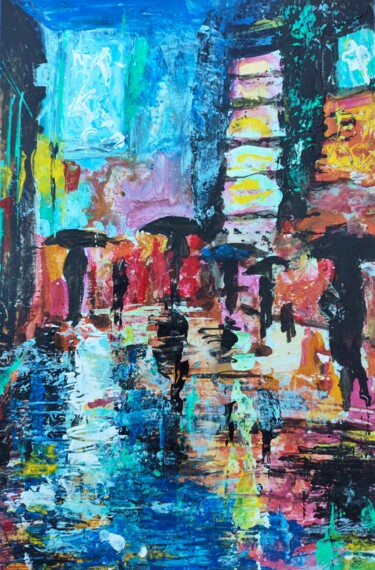 Neon Rain Walk 2– Abstract Expressionist City Scene Peinture intitulée "Neon Rain Walk 2– A…" par Iren Troi, Œuvre d'art originale, Acrylique Monté sur artwork_cat.