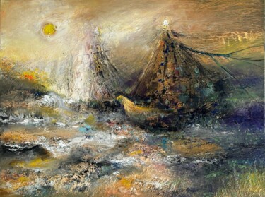 Pintura intitulada "Boats in yellow sun" por Inga Veilande, Obras de arte originais, Óleo