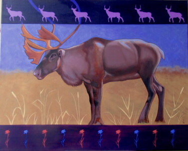 Painting titled "Caribou" by Blaine White, Original Artwork, Oil Mounted on Wood Stretcher frame