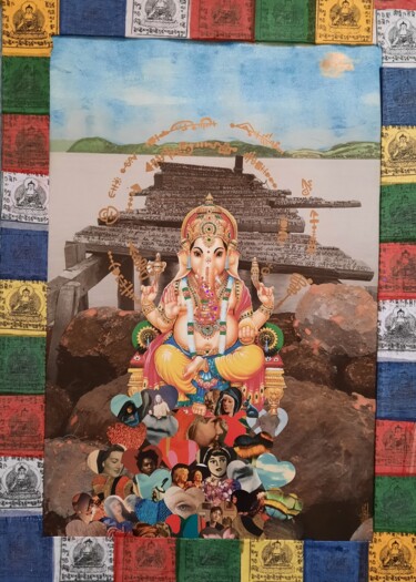 「Ganesh」というタイトルのコラージュ Selena Celessamによって, オリジナルのアートワーク, コラージュ ウッドストレッチャーフレームにマウント