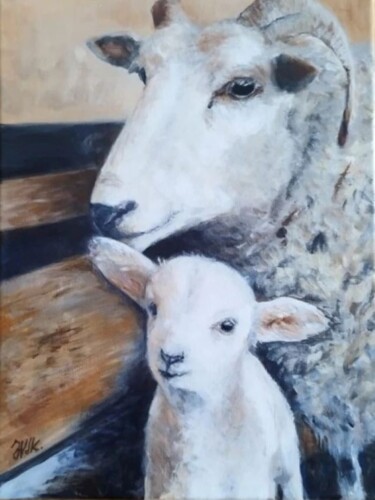 「Mouton et agneau」というタイトルの絵画 Jacqueline Vandrebeckによって, オリジナルのアートワーク, アクリル ウッドストレッチャーフレームにマウント