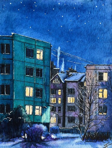 Schilderij getiteld "Snowy Town" door Julie Wintertale, Origineel Kunstwerk, Aquarel