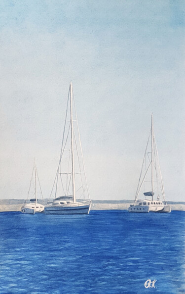 Schilderij getiteld "На одной волне | Su…" door Olha Krasko, Origineel Kunstwerk, Aquarel