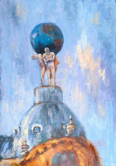 Atlanteans over town Painting titled "Atlanteans over town" by Svetlana Grishkovec-Kiisky, Original Artwork, Oil Mounted on Wood Stretcher frame