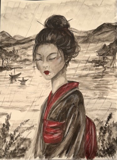 Painting titled "Sous la Pluie Silen…" by Anastasia Fomina, Original Artwork, Watercolor