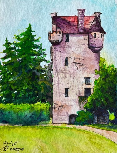 Painting titled "Forest Tower" by Julie Wintertale, Original Artwork, Watercolor