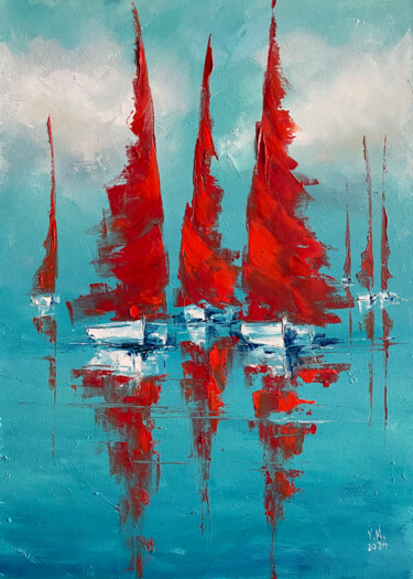 Red sails 12 Pintura intitulada "Red sails 12" por Volodymyr Nezdiimynoha, Obras de arte originais, Óleo Montado em Armação em madeira