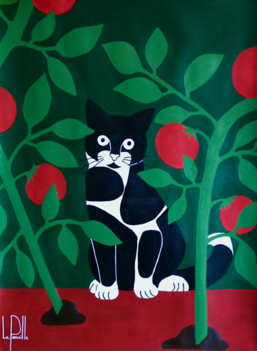 Le chat et les Tomates Peinture intitulée "Le chat et les Toma…" par Lu.Parville, Œuvre d'art originale, Acrylique