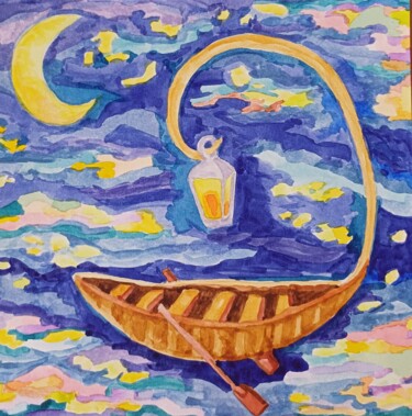 Peinture intitulée "Night boat" par Joy, Œuvre d'art originale, Aquarelle
