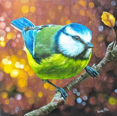 Painting titled "Mésange bleue" by Muriel Barrat, Original Artwork, Oil Mounted on Wood Stretcher frame