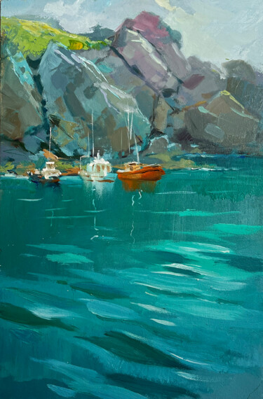 Painting titled "The sea washes the…" by Yuriy Suprunchuk, Original Artwork, Oil Mounted on Cardboard
