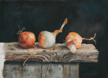 绘画 标题为“Onions on a wooden…” 由Julia Abramova, 原创艺术品, 水彩