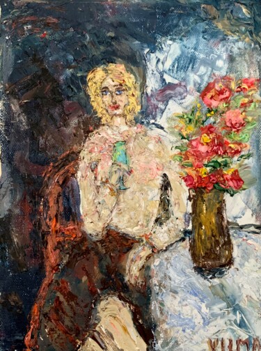 Woman With Glass Sekt Oil Painting On Canvas Figurative Art 绘画 标题为“Woman With Glass Se…” 由Vilma Gataveckiene, 原创艺术品, 油