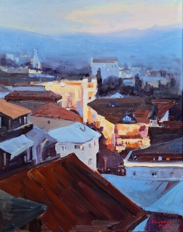 Painting titled "Evening lights of t…" by Marina Zhukova, Original Artwork, Oil Mounted on Wood Stretcher frame