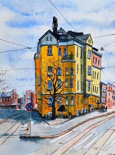 Yellow House in Helsinki Malarstwo zatytułowany „Yellow House in Hel…” autorstwa Julie Wintertale, Oryginalna praca, Akwarela