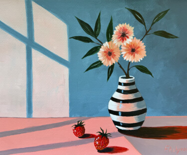 Striped vase with pink flowers and strawberries in sunlight Peinture intitulée "Striped vase with p…" par Fatimie Ashyrova, Œuvre d'art originale, Acrylique